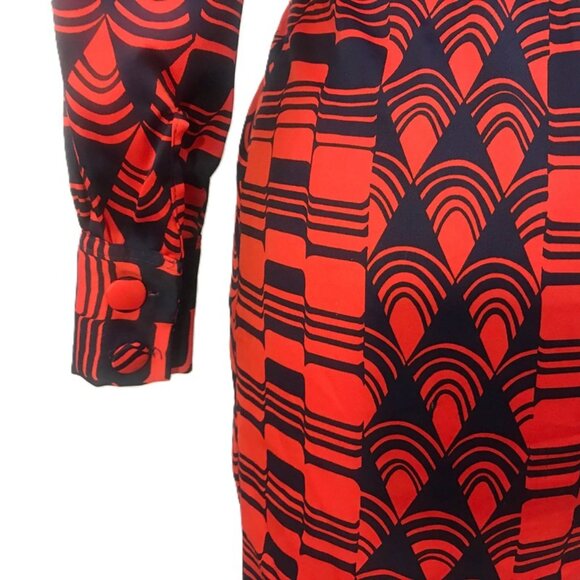 Vintage Lanvin Dress 1970s Op Art Print Red Blue Shirtwaist Psychedelic - Picture 5 of 8
